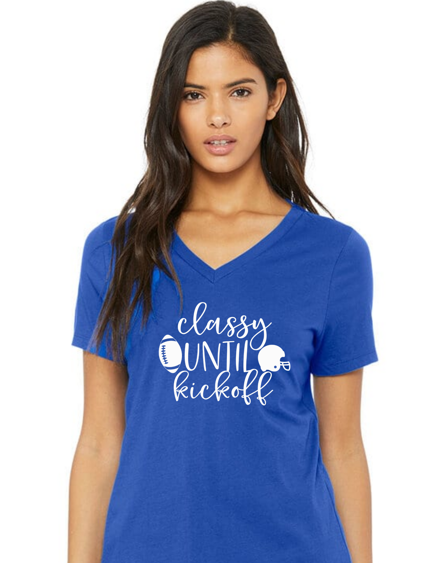 "Classy Until Kickoff" Team Colors V-Neck Women Tees