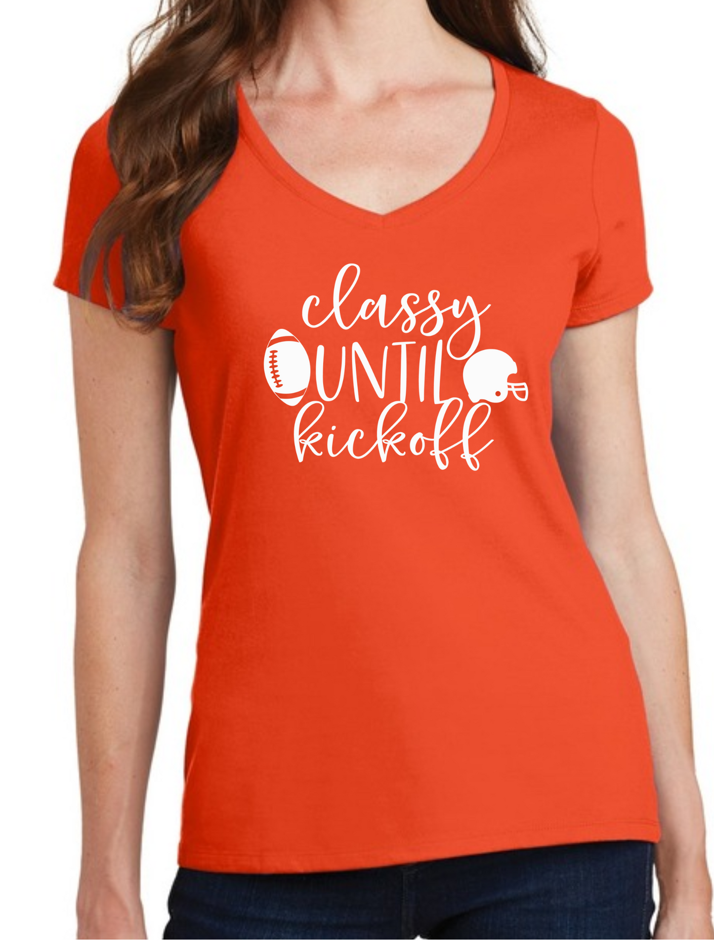 "Classy Until Kickoff" Team Colors V-Neck Women Tees